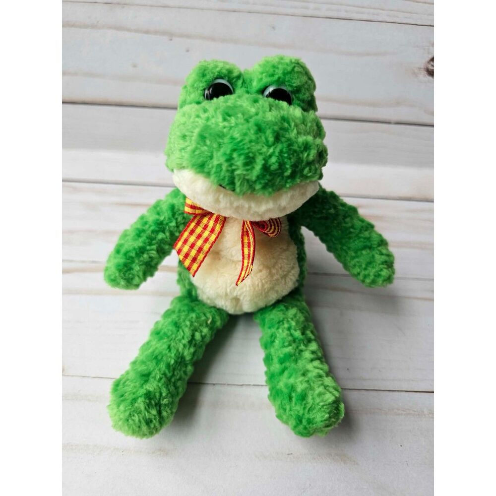 Vintage GUND Frog Plush Stuffed Animal Green Frog Red Yellow Bow 6"